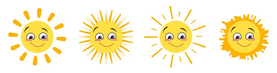 Sun icons set with different emotions Stock Illustration