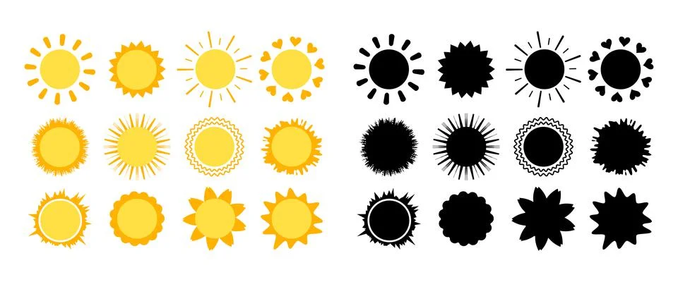 Sun icons set with rays of different shapes and black silhouette Illustrazione stock