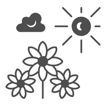 Sun illuminate flowers, cloud, sky solid icon, nature concept, sunshine and Stock Illustration