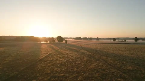 The sun is illuminating fields covered in fog at dawn Stock Footage 293158626