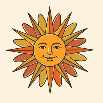 Sun Illustration With Rays in Various Colors and a Smiling Face in a Simple.. 스톡 일러스트