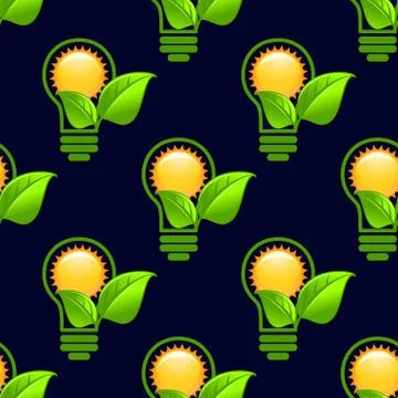 Sun inside lightbulb with leaves seamless pattern Illustrazione stock