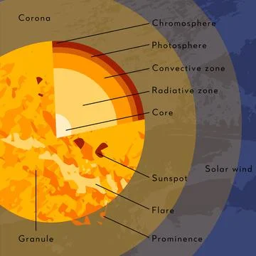 Sun internal structure. Solar model, star diagram. Core, radiative, convectiv Stock Illustration