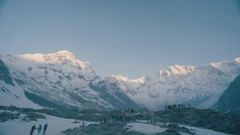 Sun light against Snow Mountain on Annapurna base camp Stock Footage 154017637
