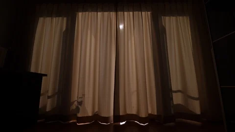Sun light blocked by drapes, wide angle shot of open window with closed curtains Stock Footage 118402541