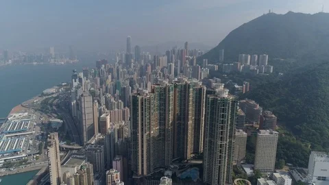 Sun light day time hong kong city bay aerial panorama 4k china Stock Footage 75483037