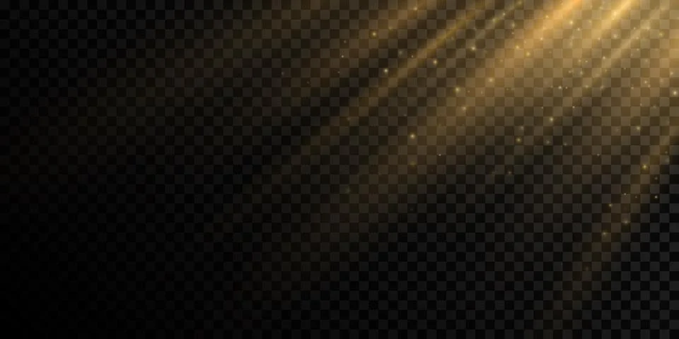 Sun light effect on a transparent background. Golden rays with flying dust an Stock Illustration