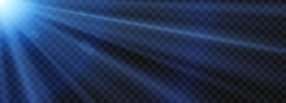 Sun light glare background. Blue bright sunshine light rays and beams on dark Stock Illustration