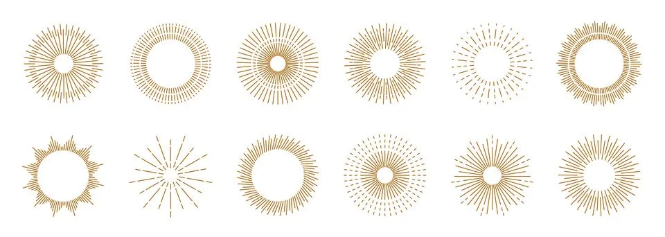 Sun light. Line round rays, sunbeam golden, sparkle and burst gold emblem Stock Illustration
