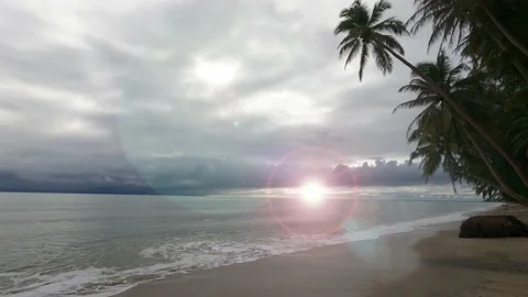 Sun light ray n Sunbeam Lens flare on dark rain cloud sky n palm tree beach Stock Footage 170380102