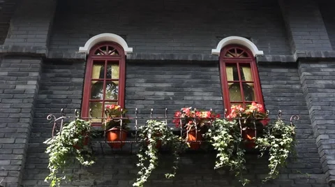 Sun light shedding on the flowers on window of a traditional Chinese building Stock Footage 53363126