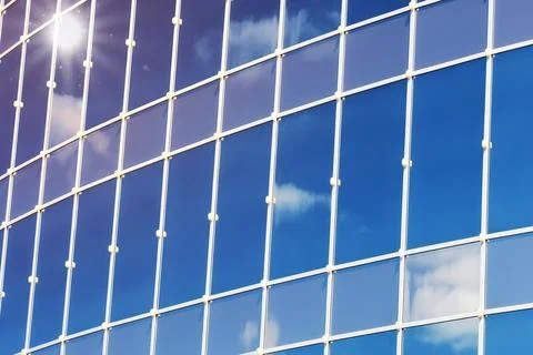 Sun light sky cloud reflection in glass office building Stock Photos
