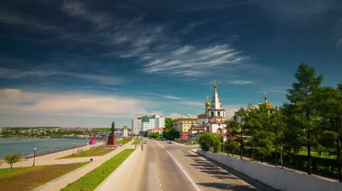 Sun light sky irkutsk city walking bay panorama 4k time lapse russia siberia Stock Footage 48551920