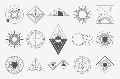 Sun logo. Abstract minimalistic emblems with mystic celestial Sun and Moon el Illustrazione stock