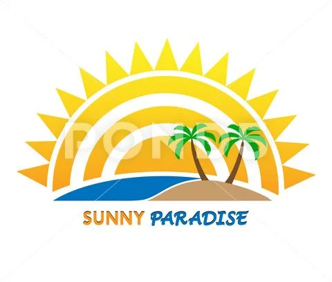 Sun logo and inscription Sunny Paradise, flat design Stock Illustration
