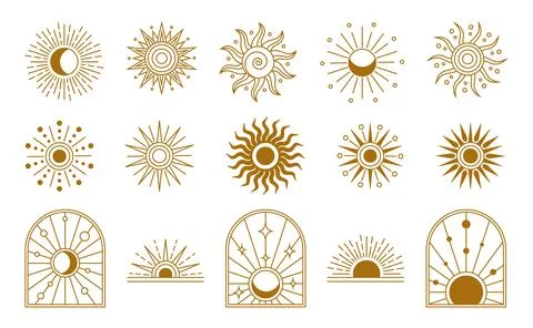 Sun logo. Boho logotype gold elements, yoga icon collection, celestial moon.. Stock Illustration