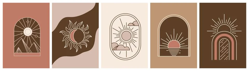 Sun logo vector design with moon, mountains, sky, window, sea, rainbow. Modern Stock Illustration