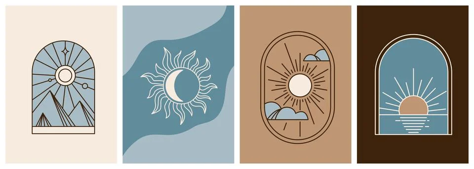 Sun logo vector illustration design with moon, mountains, sky, window, sea 库存插图