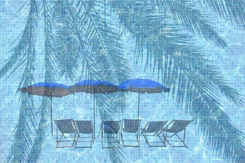 Sun lounge chairs and blue parasols on turquoise blue pool Sun lounge chai... Stock Photos