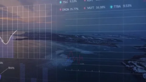 Sun lowering, HUD emerging over island, grids, charts forming, tracing data, Stock Footage 331429493