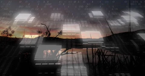 Sun lowering starting digital overlay, glowing panels scanning across calm lake Stock Footage 332280805