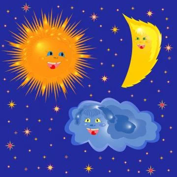 Sun, moon and cloud on the starry sky Stock Illustration