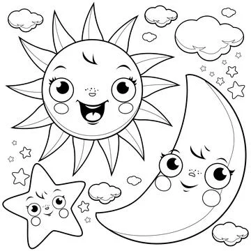 Sun moon and stars. Vector black and white coloring page. Stock Illustration