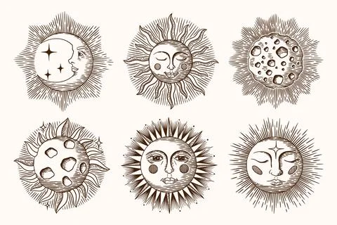 Sun moon face. Hand drawn old day night sketch in antique retro style, astrology Stock Illustration