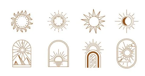 Sun, moon nature logo design in simple modern line style. Boho element vector Stock Illustration