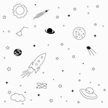 Sun with moon, rocket, flying saucer and comet . Abstract universe. Starry sk Stock Illustration