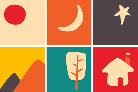 Sun moon star mountain leaf and house, life element Illustrazione stock