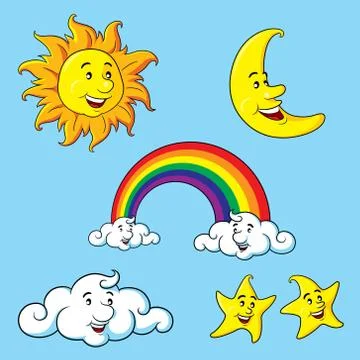 Sun Moon Stars Clouds Rainbow Cartoon Stock Illustration