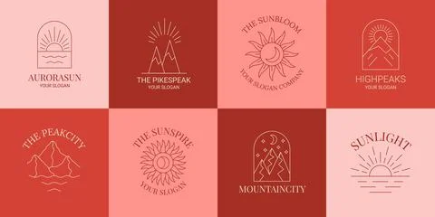 Sun, mountain boho logo, nature icons. Alchemy or esoteric minimalist moon, line Stock Illustration