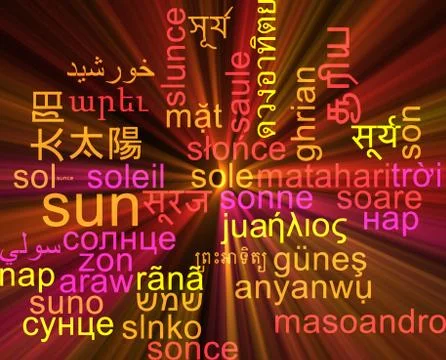 Sun multilanguage wordcloud background concept glowing Stock Illustration