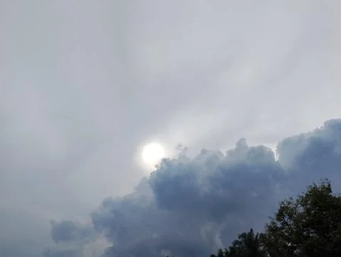 Sun obscured by thick clouds on a grey overcast day with tree tops Stock Photos