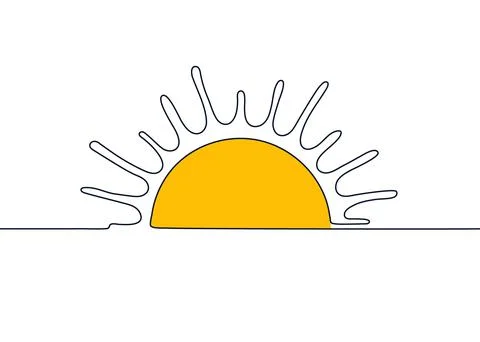 Sun one black continuous line, sunset and sunrise outline. One line drawing.  Stock Illustration