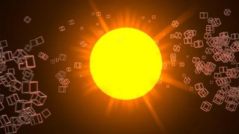 The sun or a star surrounded by many small cubic mesh objects. Three-dimensio 스톡 일러스트