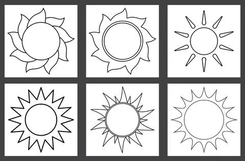 Sun outline set. Line art icons of different sun shape. Vector illustration i Stock Illustration