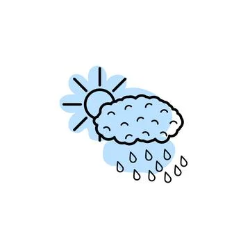 Sun over cloud with rain with color shadow vector icon in autumn set Stock Illustration