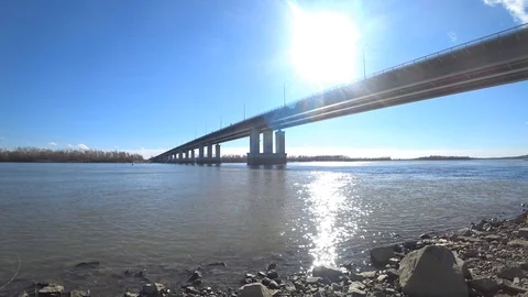 The Sun Over The River And Bridge Stock Footage 105344858
