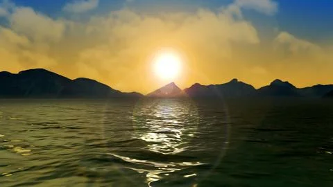 Sun over the sea with mountains Illustrazione stock