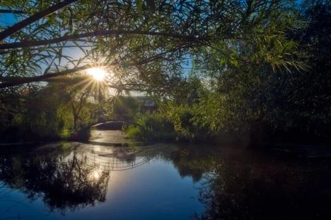 Sun over small arched bridge Stock Photos