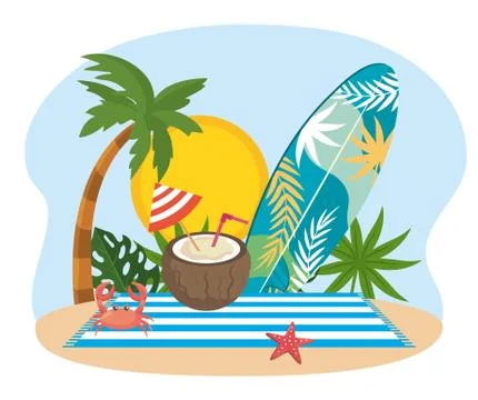 Sun with palm tree and surfboard with leaves plants Illustration