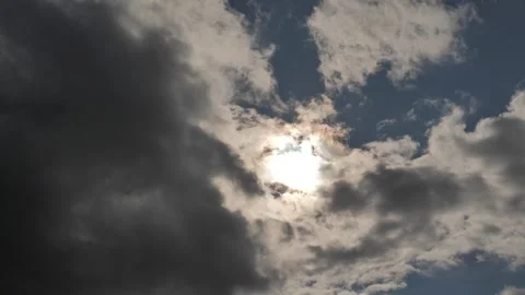Sun Partially Covered by Drifting Grey Clouds in Blue Sky with Birds Stock Footage 346140793