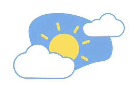 Sun peeking out from fluffy Clouds. Part curve Shape. Cloudy Sky on blue Stock Illustration