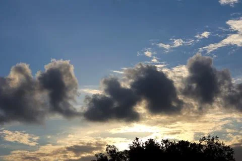 Sun Peeking Through Dramatic Clouds over Tree Silhouettes Stock-Fotos