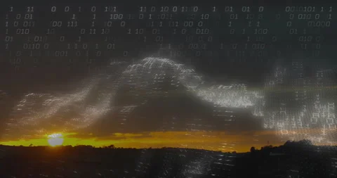 Sun perching above hills causing binary digits aligning into waveform drifting Stock Footage 311678750