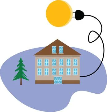 Sun plugged in with electrical cable to the house, free energy concept Illustrazione stock