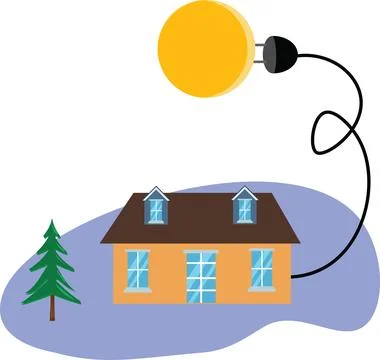 Sun plugged in with electrical cable to the house, free energy concept Illustrazione stock