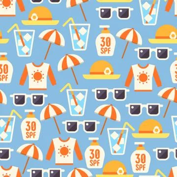 Sun protect seamless pattern with lotion, sun glasses, beach umbrella イラスト素材